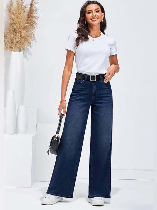 Denim - High-Waist Wide-Leg Jeans - Dark Blue Size L (12-14)